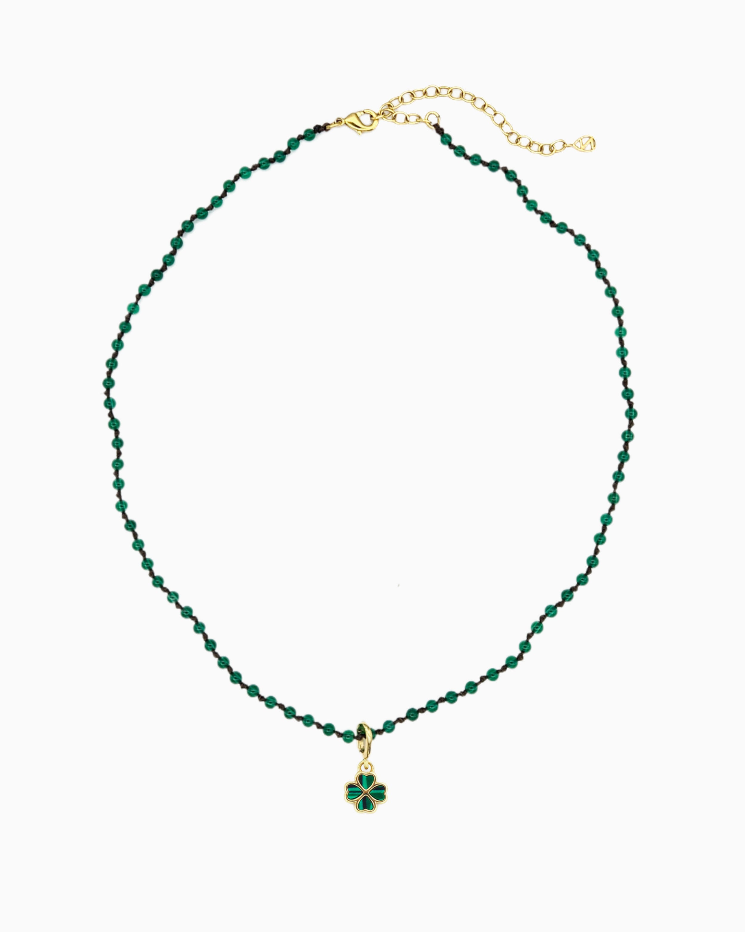 gold pvd plated green agate beaded necklace with clip-on clover charm 