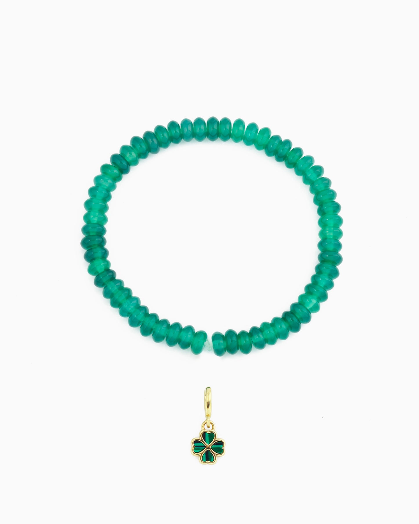 GREEN AGATE BEADED STRETCH BRACELET WITH CLOVER CLIP-ON CHARM
