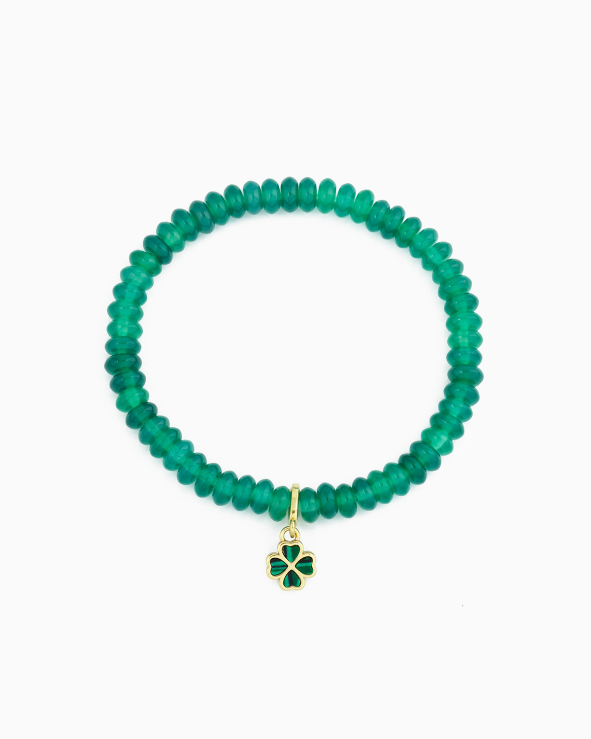 gold pvd plated green agate beaded stretch bracelet with  green clover charm 