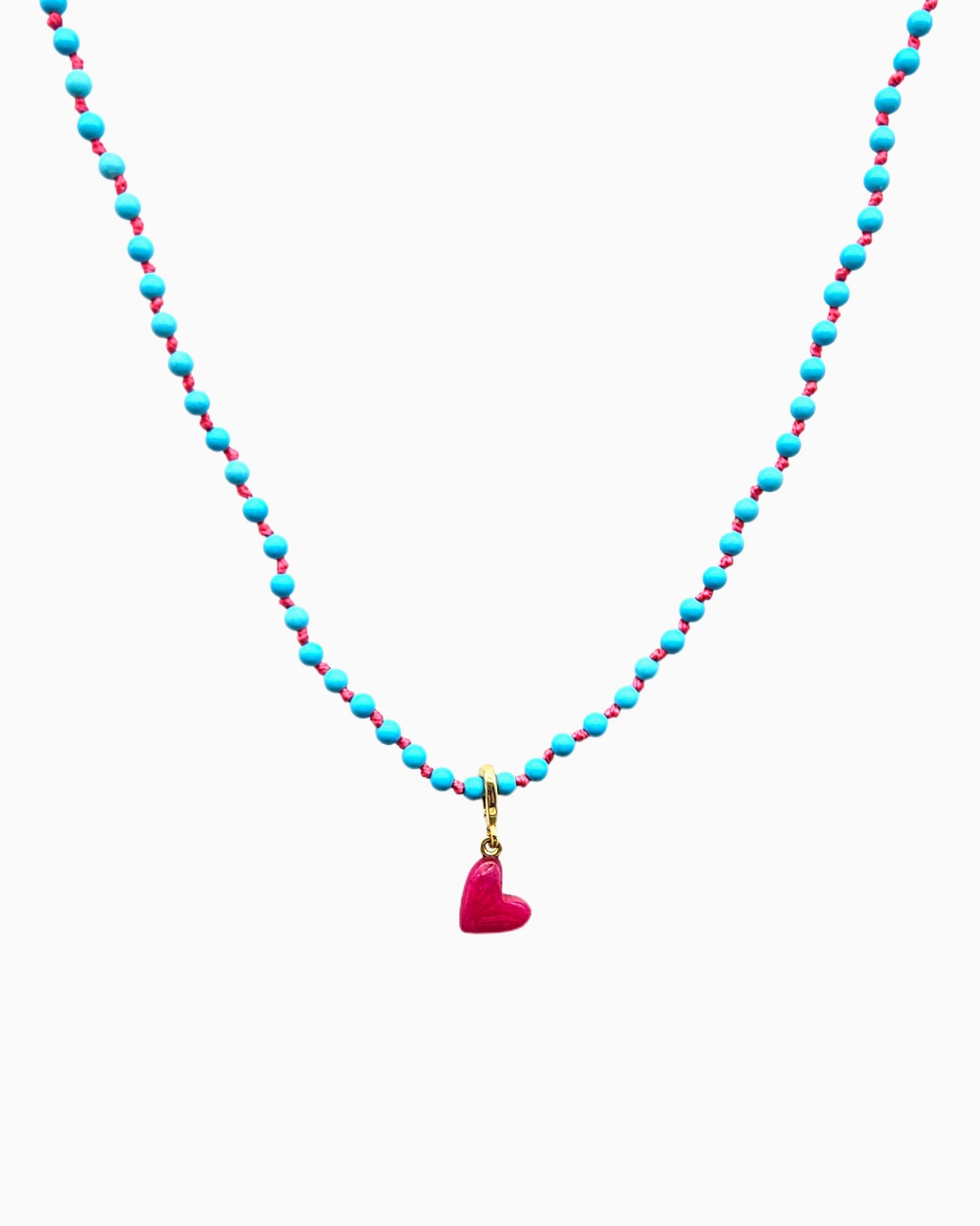 Turquoise Beaded Necklace with pink jade Heart Clip-On Charm