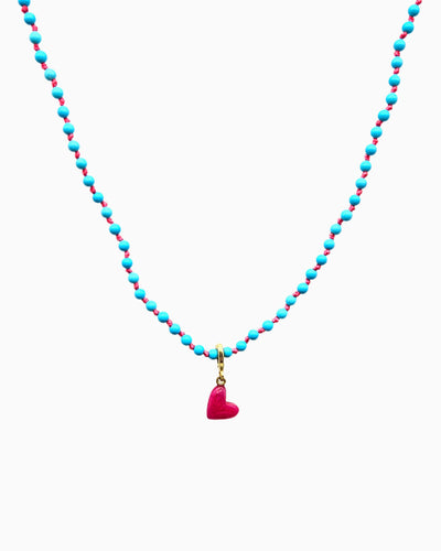 Turquoise Beaded Necklace with pink jade Heart Clip-On Charm