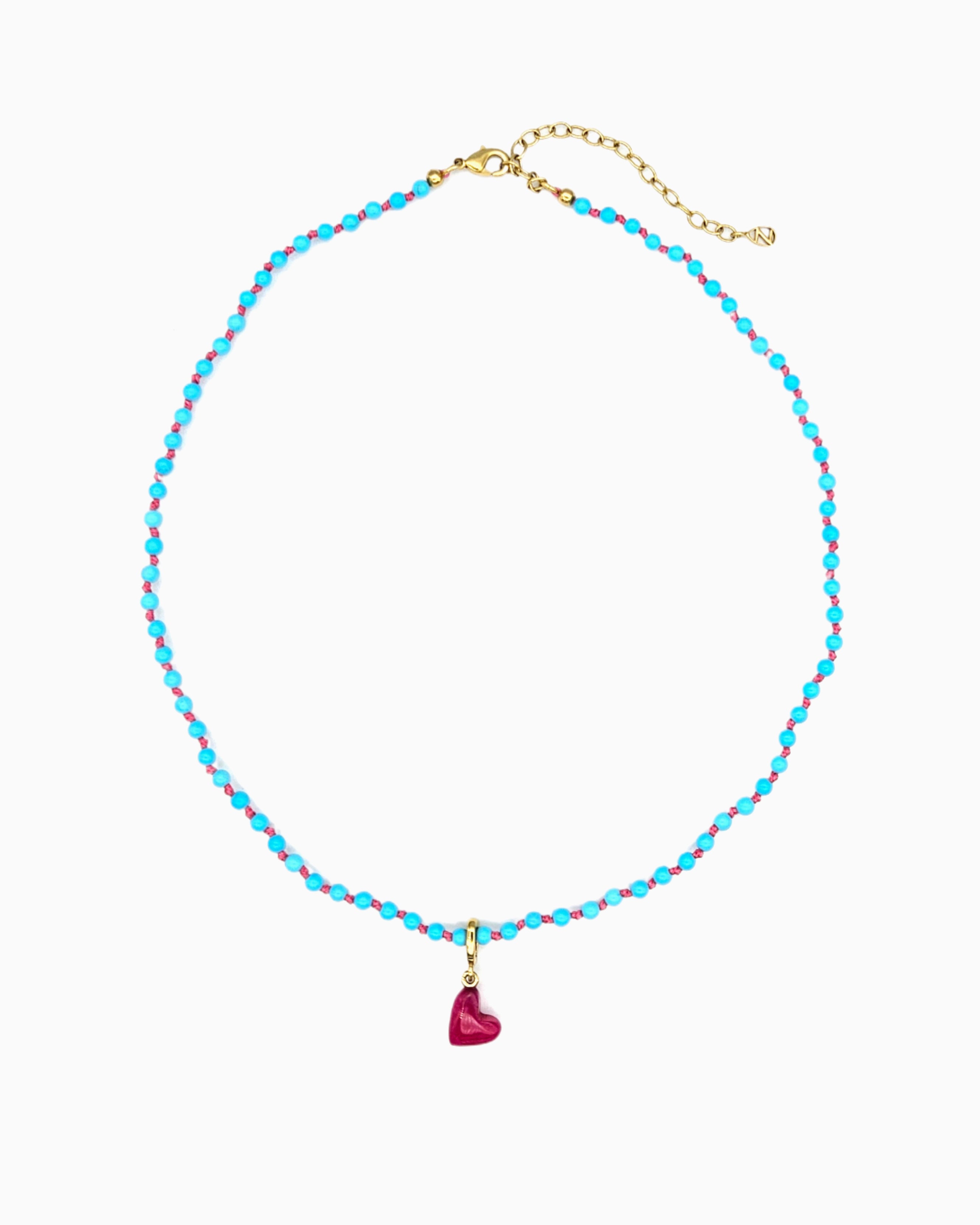Turquoise Beaded Necklace with pink jade Heart Clip-On Charm
