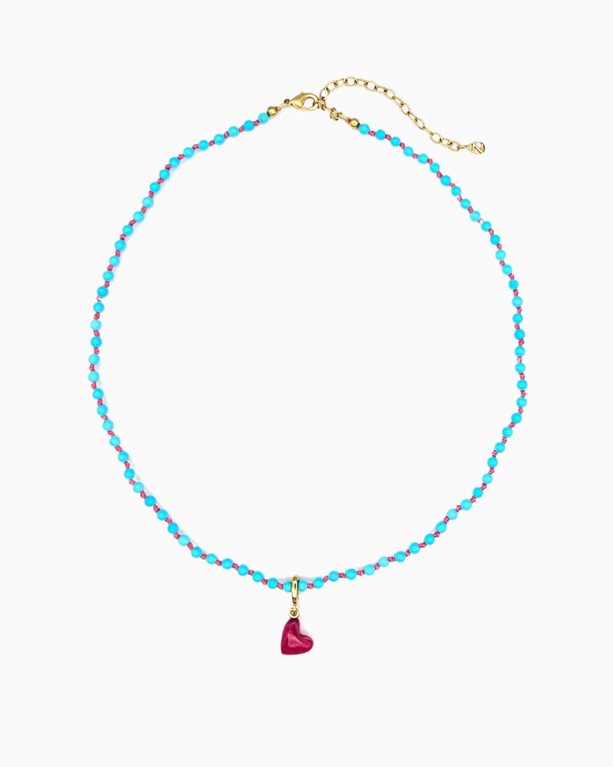 Turquoise Beaded Necklace with pink jade Heart Clip-On Charm