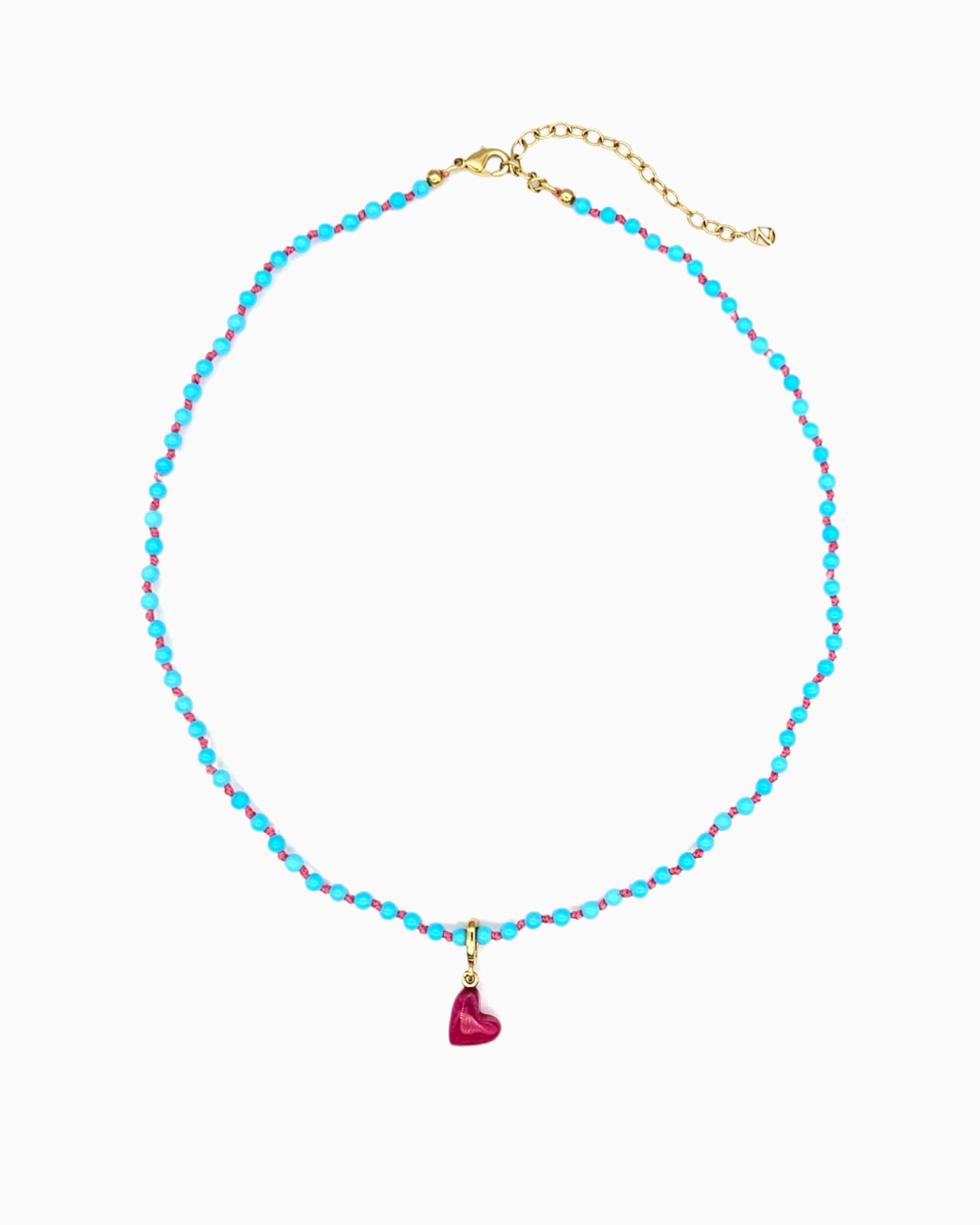 Turquoise Beaded Necklace with pink jade Heart Clip-On Charm