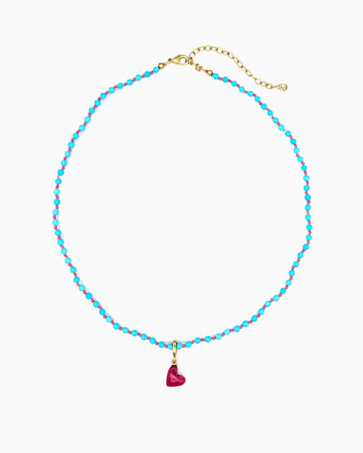 Turquoise Beaded Necklace with pink jade Heart Clip-On Charm