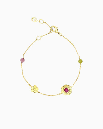 Gold flower station bracelet with pink jade, pink tourmaline, and lime jade accents