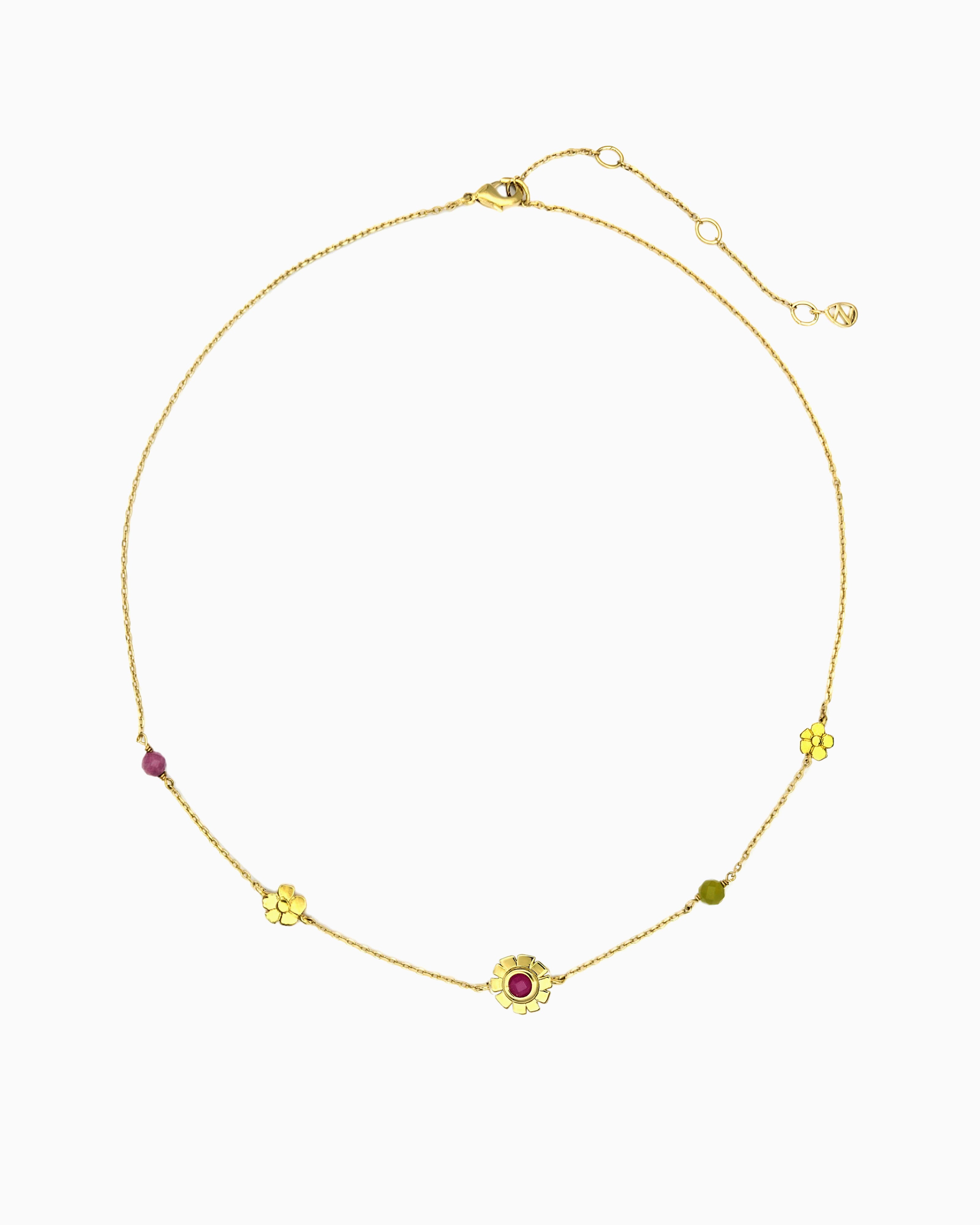 Gold flower station necklace with pink jade, pink tourmaline, and lime jade accents