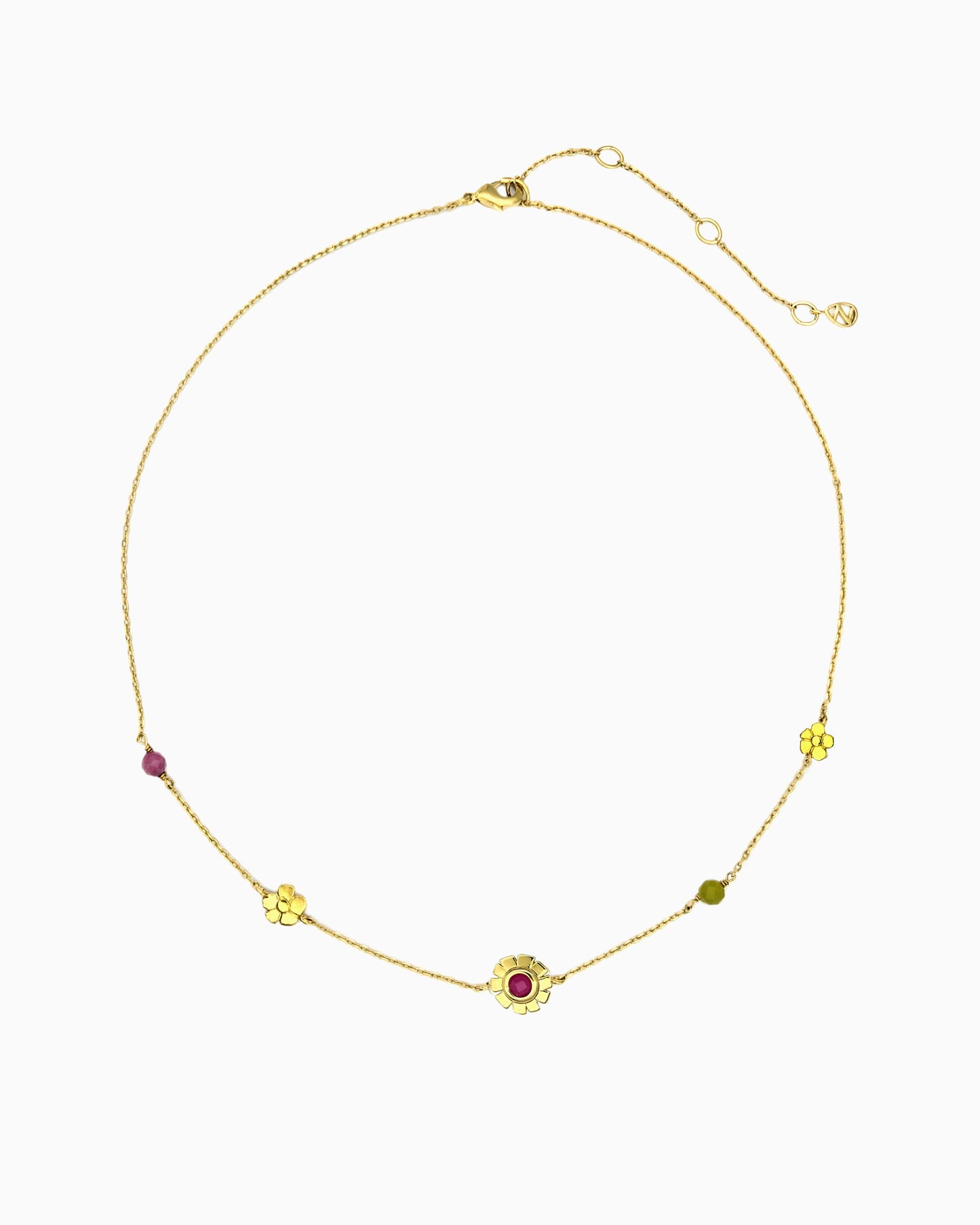 Gold flower station necklace with pink jade, pink tourmaline, and lime jade accents