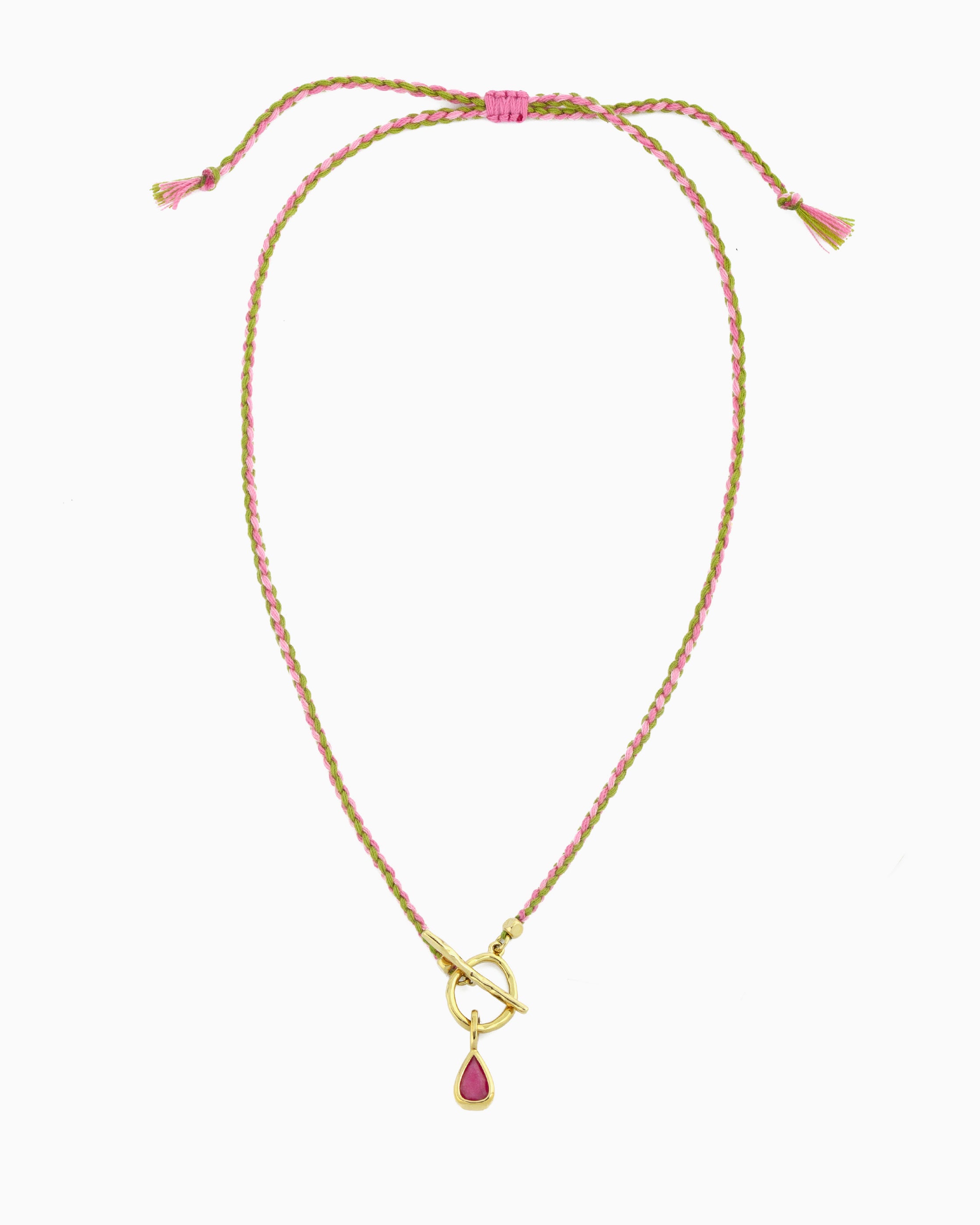 Adjustable pink and lime braided cord toggle necklace with detachable pink jade clip-on charm