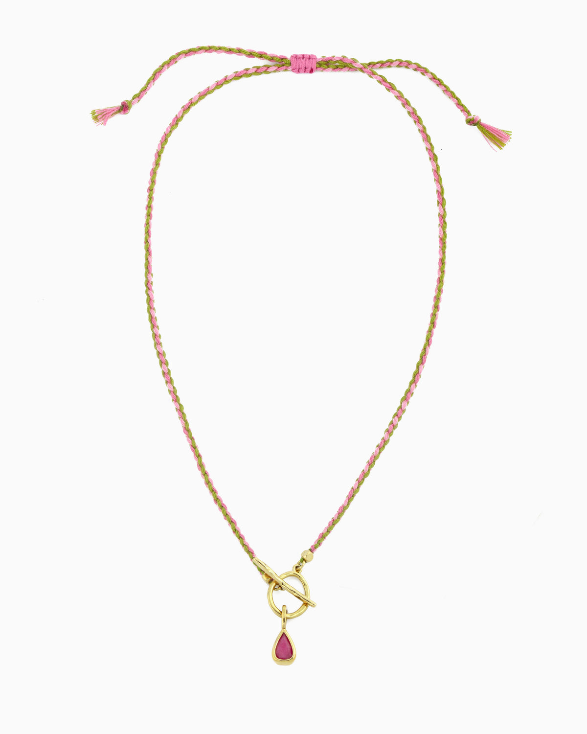 Adjustable pink and lime braided cord toggle necklace with detachable pink jade clip-on charm