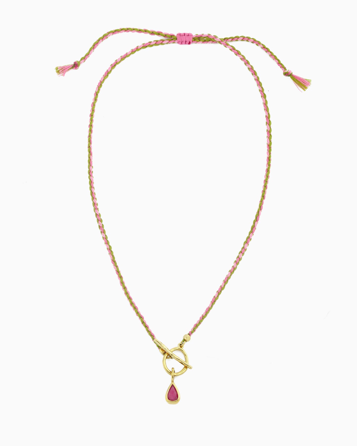 Adjustable pink and lime braided cord toggle necklace with detachable pink jade clip-on charm