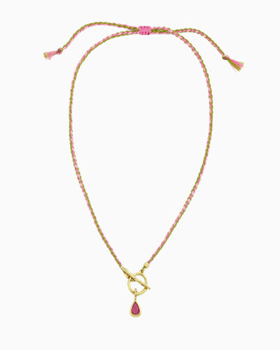 Adjustable pink and lime braided cord toggle necklace with detachable pink jade clip-on charm