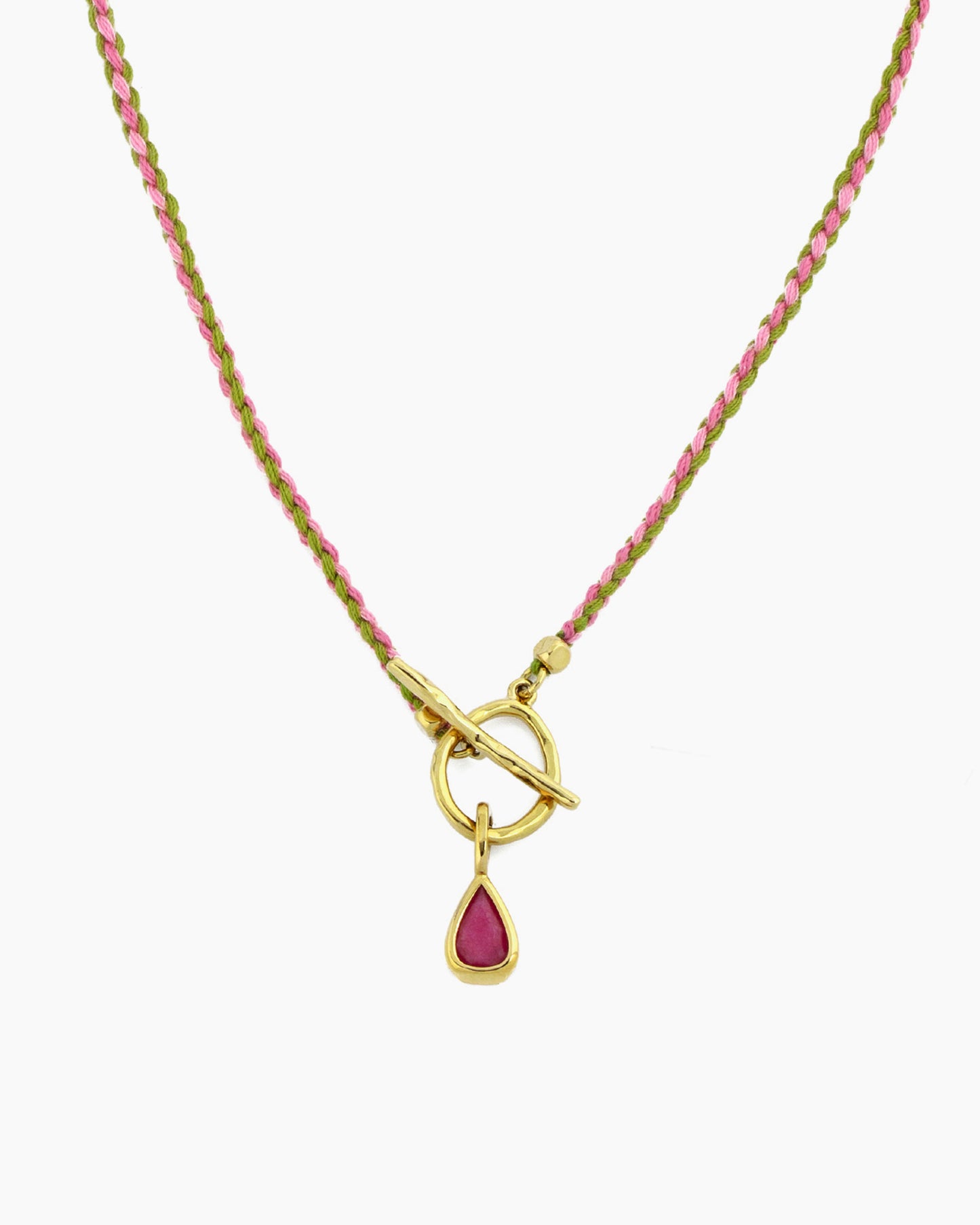 Adjustable pink and lime braided cord toggle necklace with detachable pink jade clip-on charm