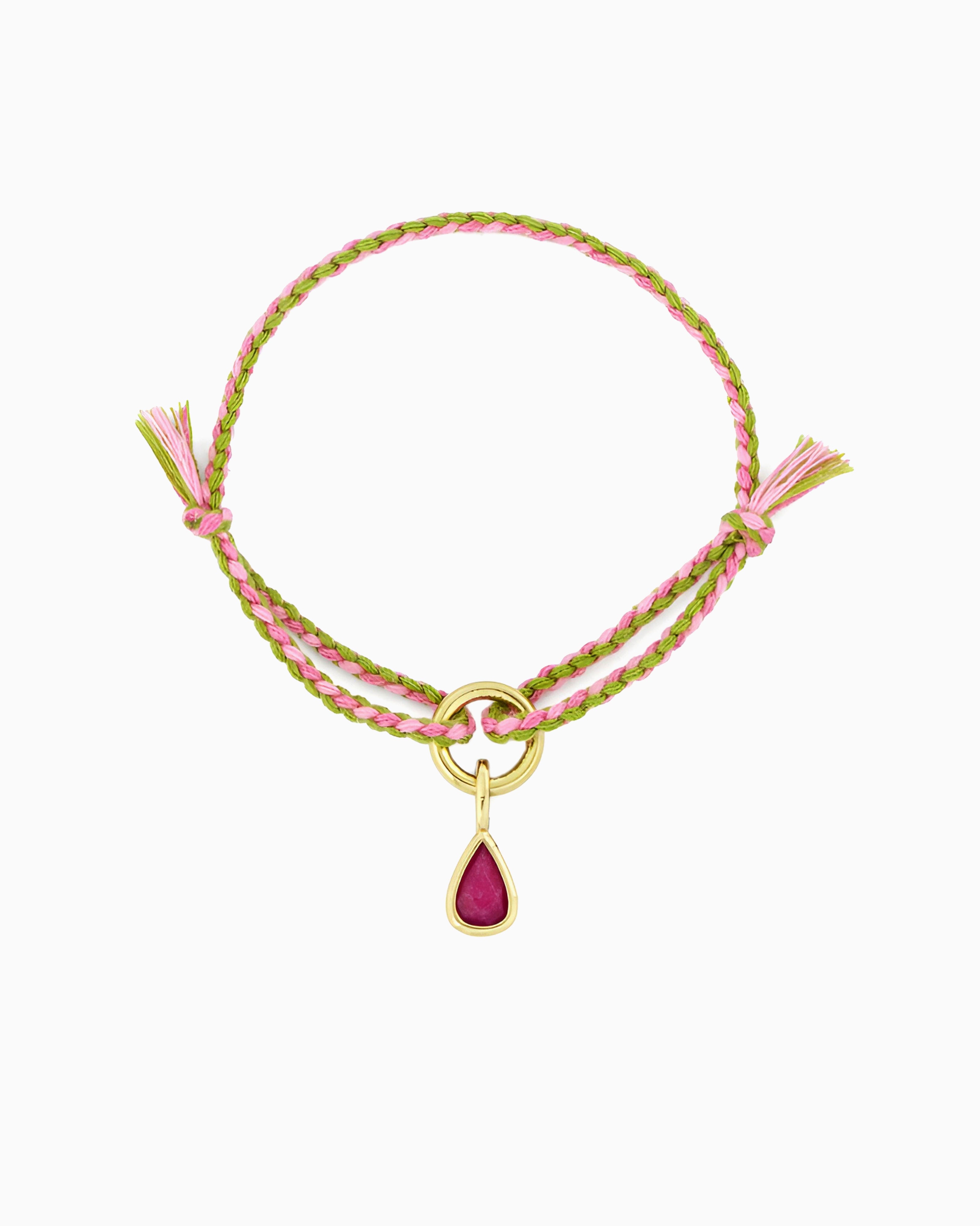 Adjustable pink and lime braided cord bracelet with pink jade drop charm in gold finish