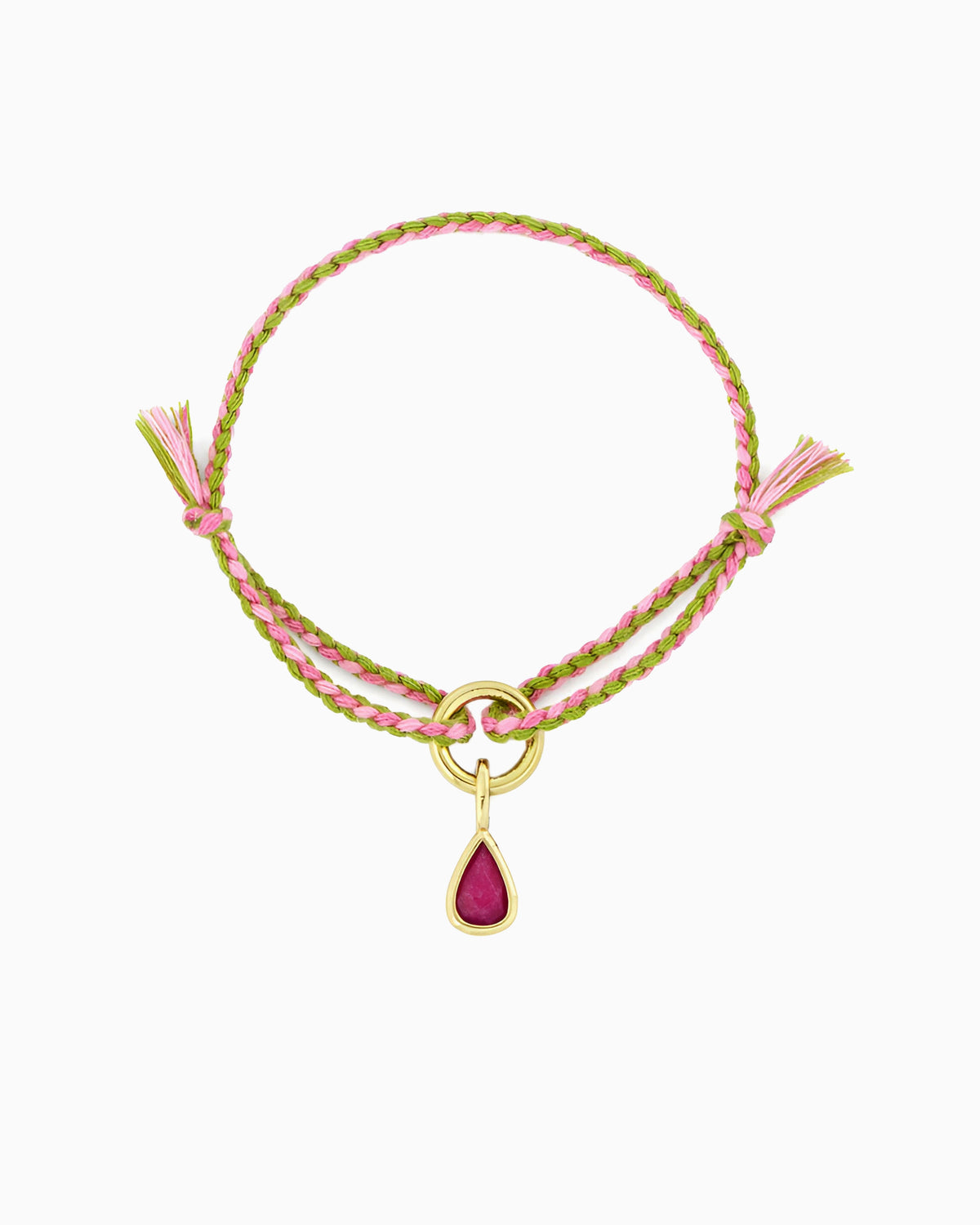 Adjustable pink and lime braided cord bracelet with pink jade drop charm in gold finish