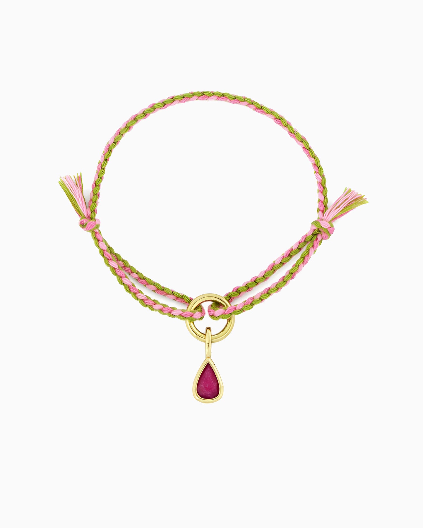 Adjustable pink and lime braided cord bracelet with pink jade drop charm in gold finish