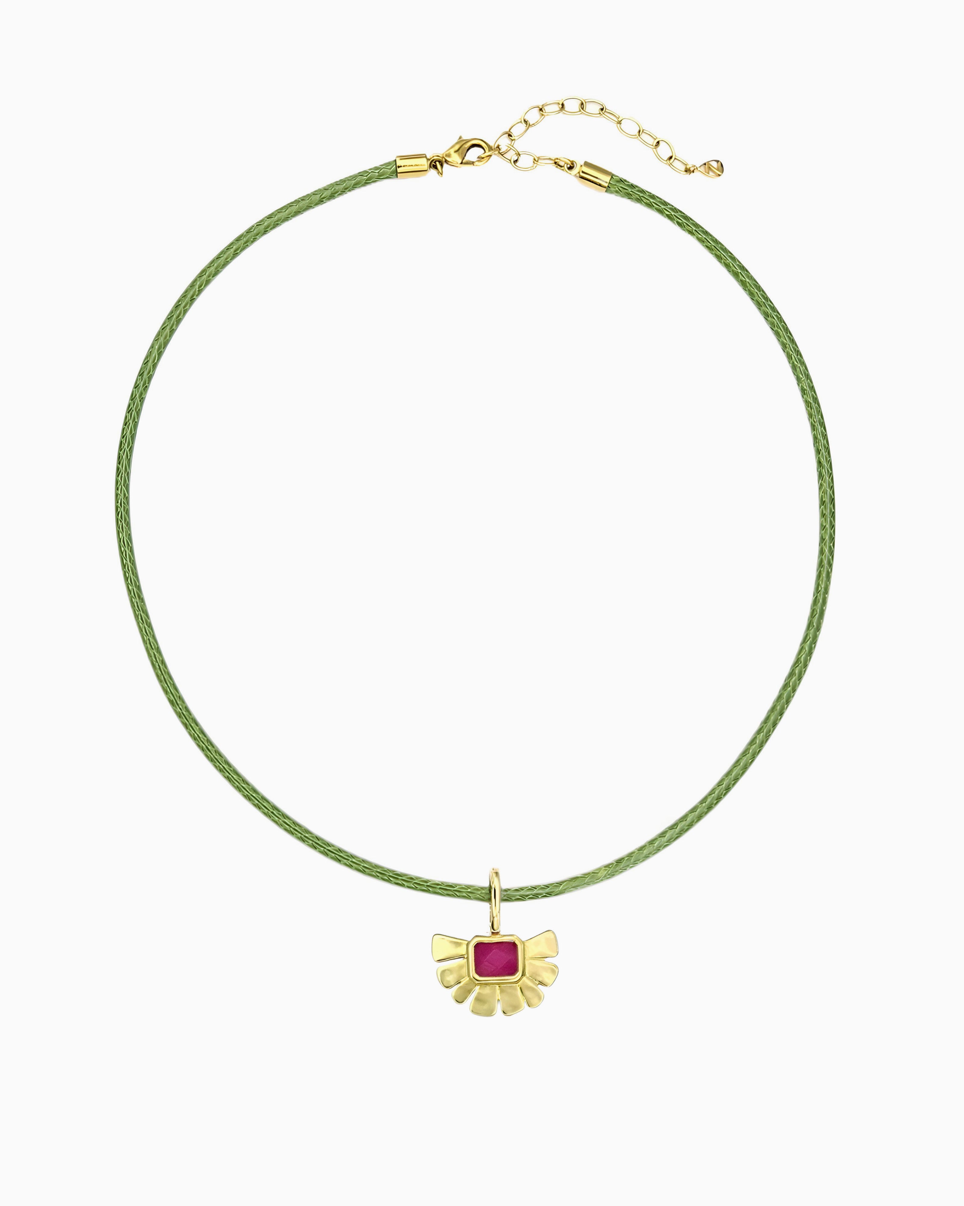 Lime cotton cord necklace with detachable clip-on charm set with ruby-toned pink jade