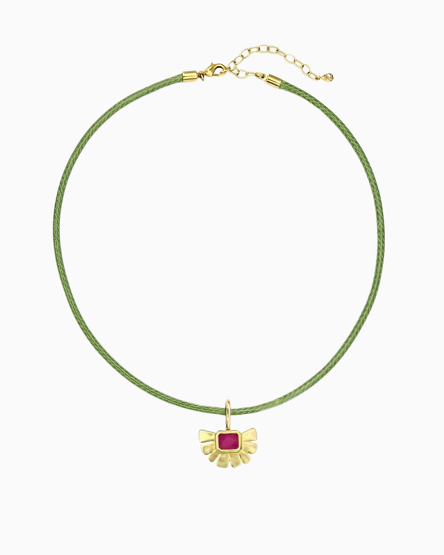 Lime cotton cord necklace with detachable clip-on charm set with ruby-toned pink jade