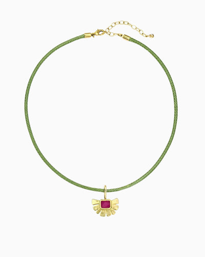 Lime cotton cord necklace with detachable clip-on charm set with ruby-toned pink jade