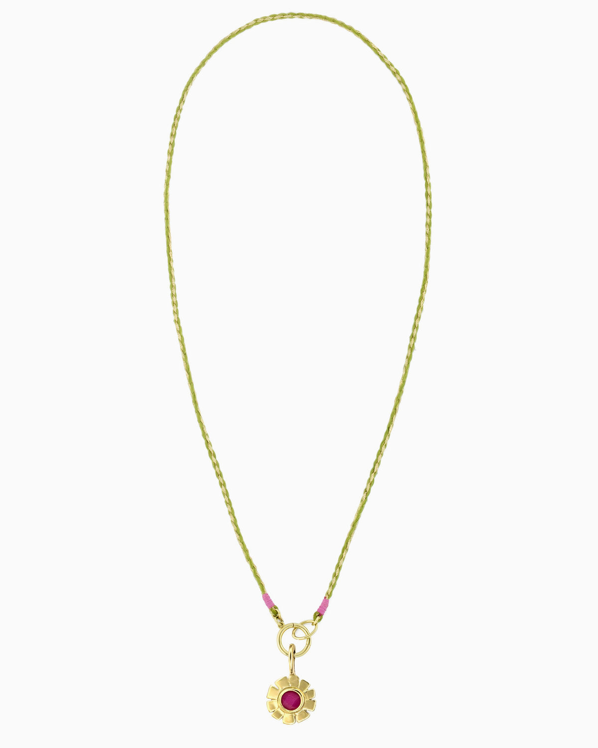 Pink Zest Flower Charm Cord Necklace with lime braided cord, hinged charm holder, and pink jade flower clip-on charm