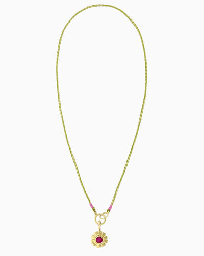 Pink Zest Flower Charm Cord Necklace with lime braided cord, hinged charm holder, and pink jade flower clip-on charm