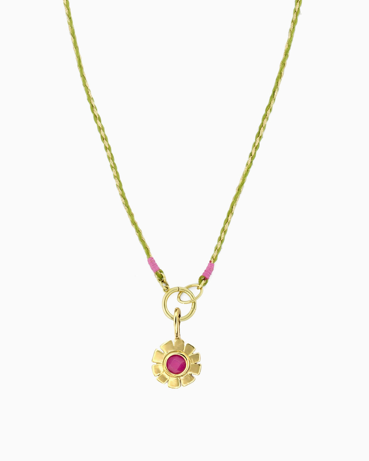 Pink Zest Flower Charm Cord Necklace with lime braided cord, hinged charm holder, and pink jade flower clip-on charm