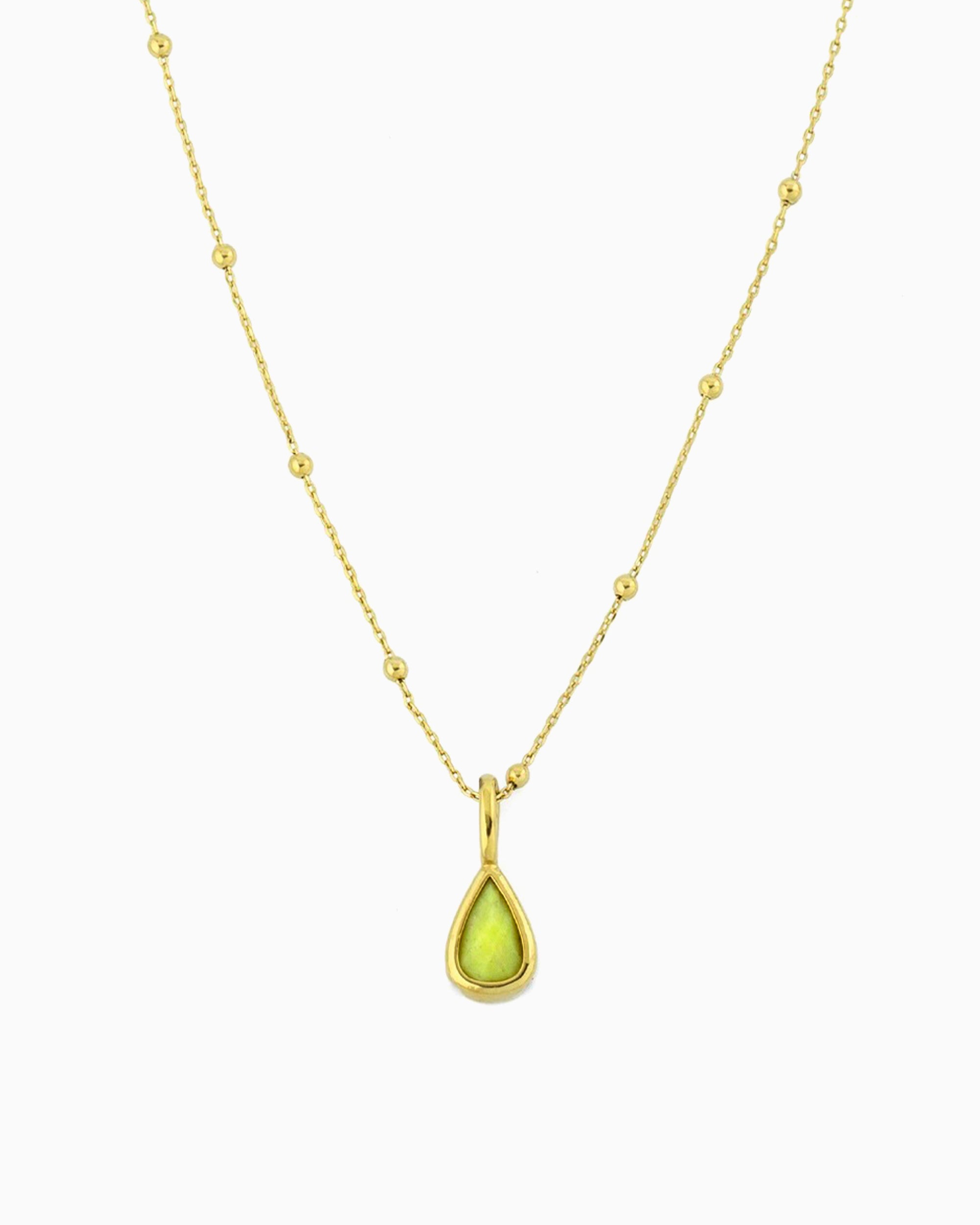 Delicate gold beaded chain necklace with lime jade teardrop clip-on charm