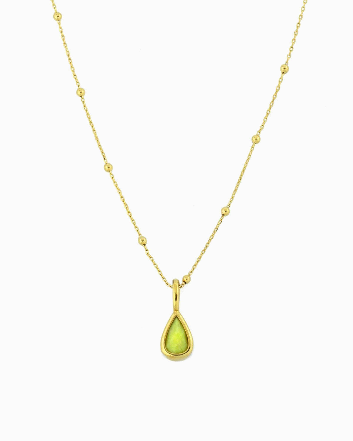 Delicate gold beaded chain necklace with lime jade teardrop clip-on charm