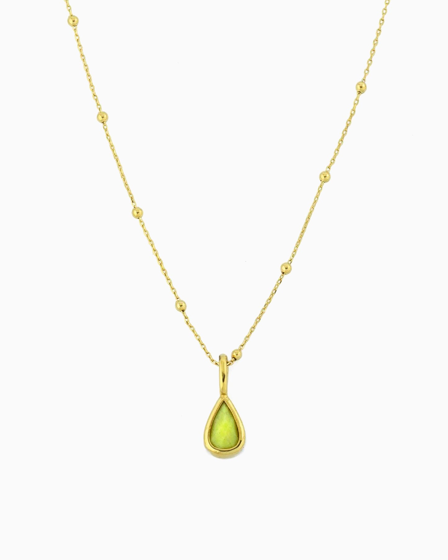 Delicate gold beaded chain necklace with lime jade teardrop clip-on charm