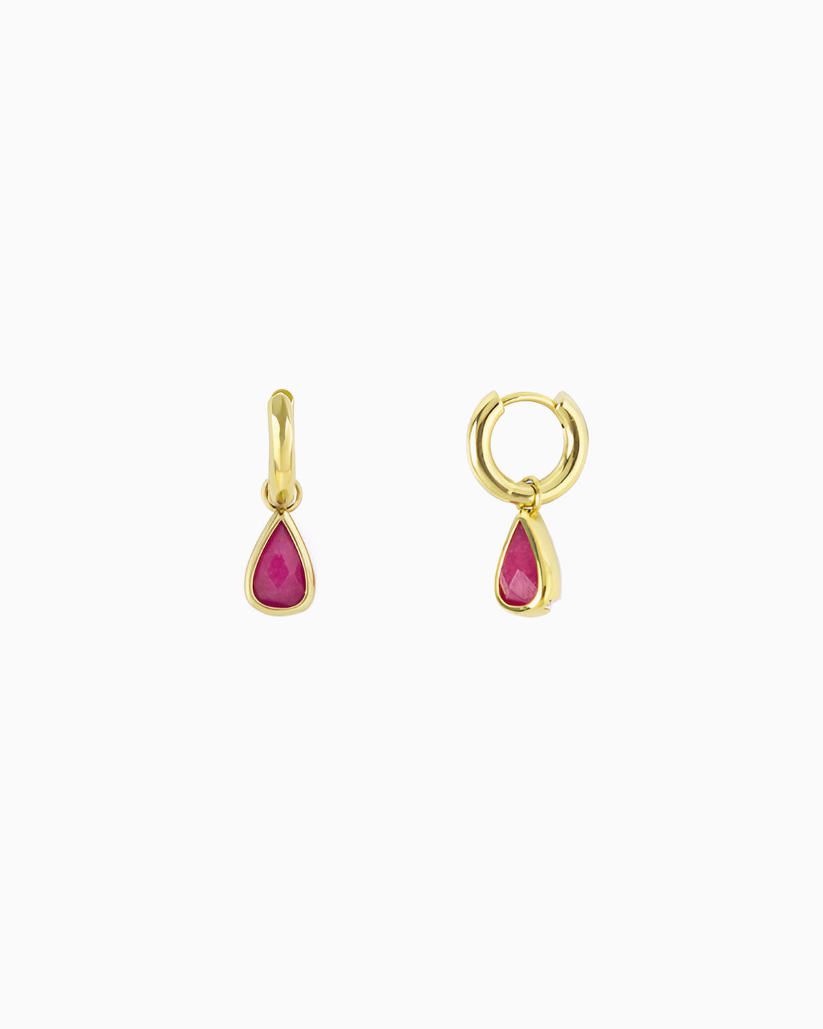 Gold huggie hoop earrings with pink jade teardrop charms