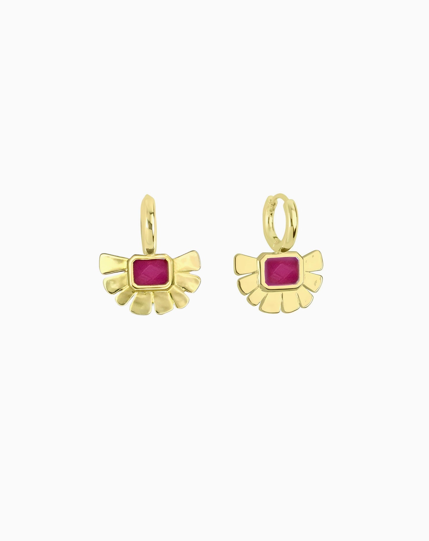 Gold huggie hoop earrings with fan-shaped charm set with pink jade