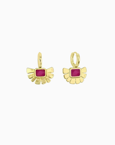 Gold huggie hoop earrings with fan-shaped charm set with pink jade