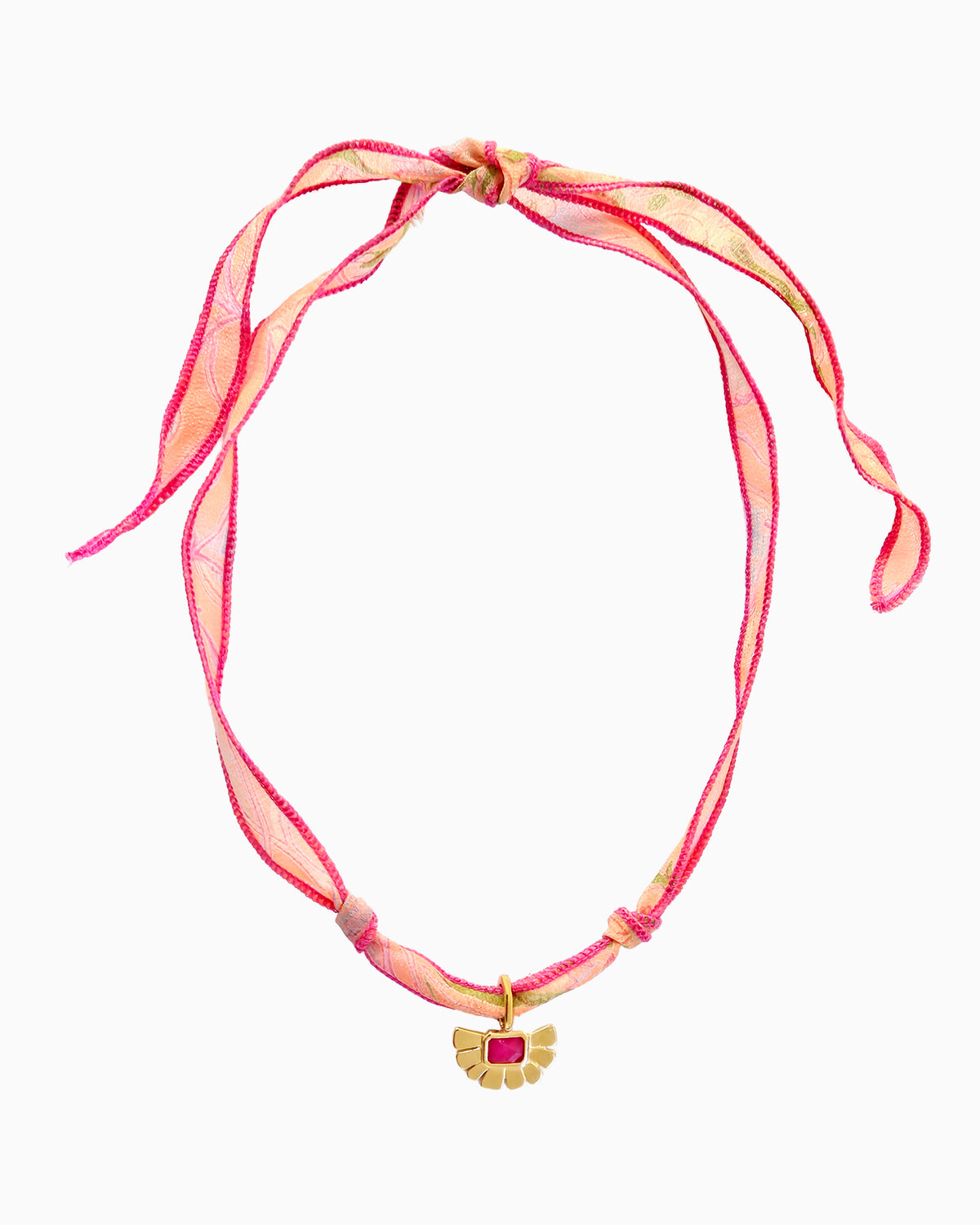 pink zest silk ribbon charm necklace in pink apricot and green pattern with hot pink stitched edging and fan flower clip-on charm