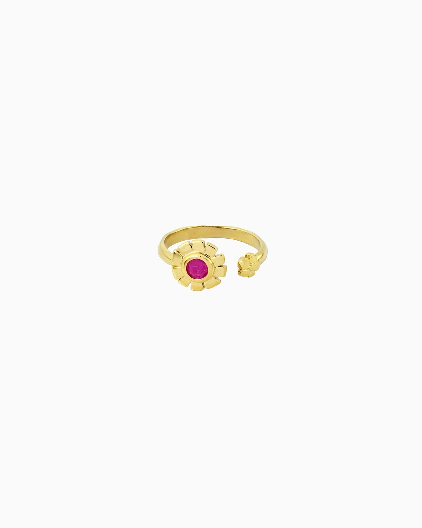 Adjustable gold open ring with flower motif and pink jade center