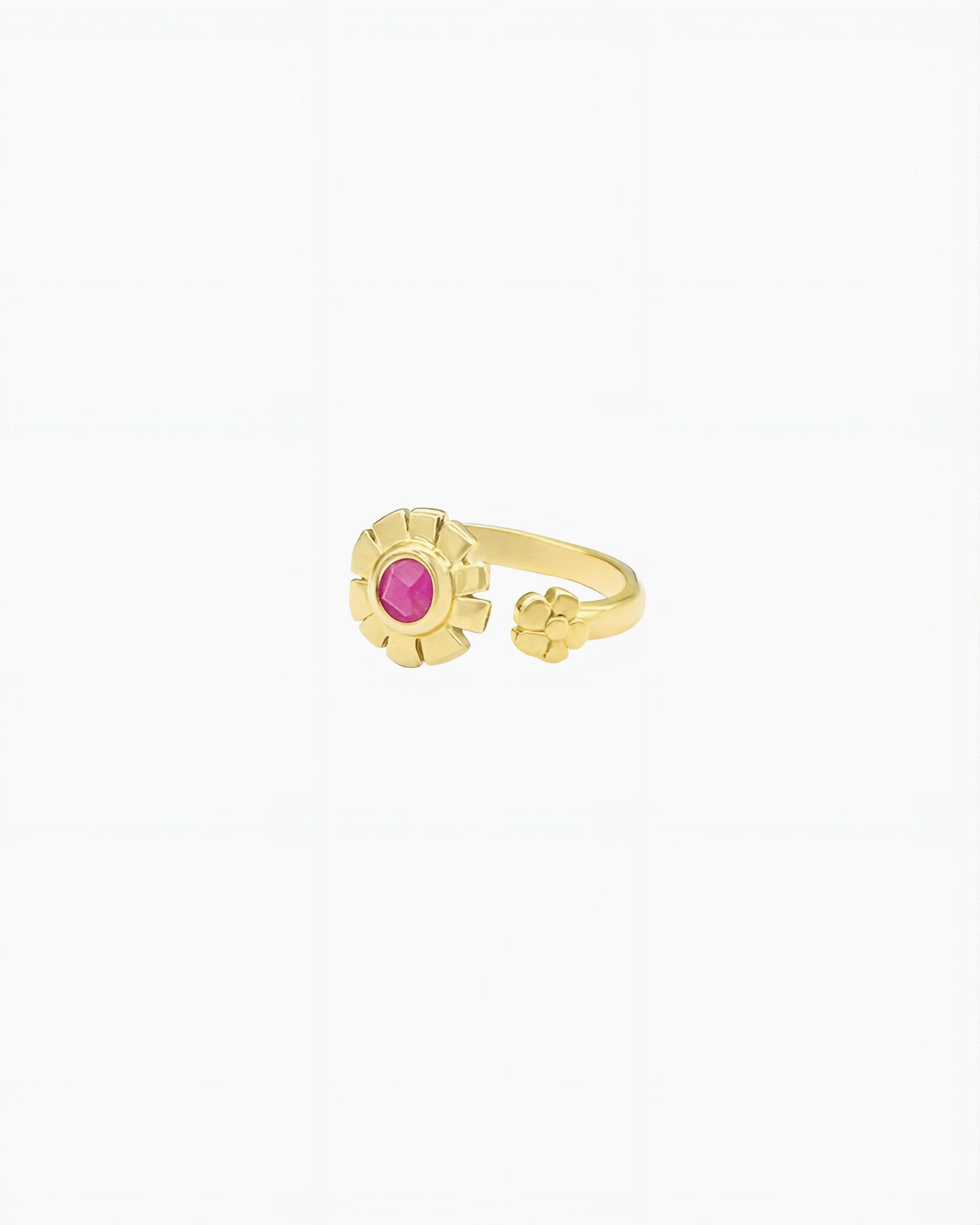 Adjustable gold open ring with flower motif and pink jade center