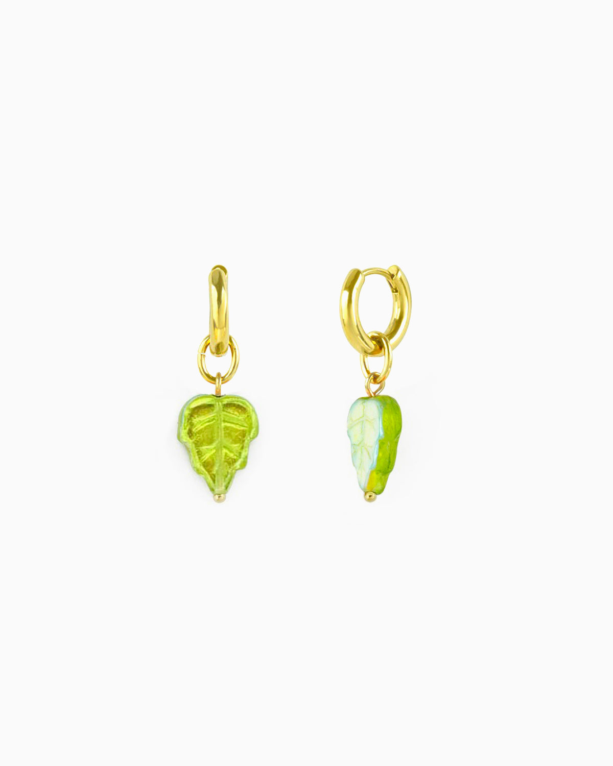 Gold huggie earrings with interchangeable green glass leaf charms