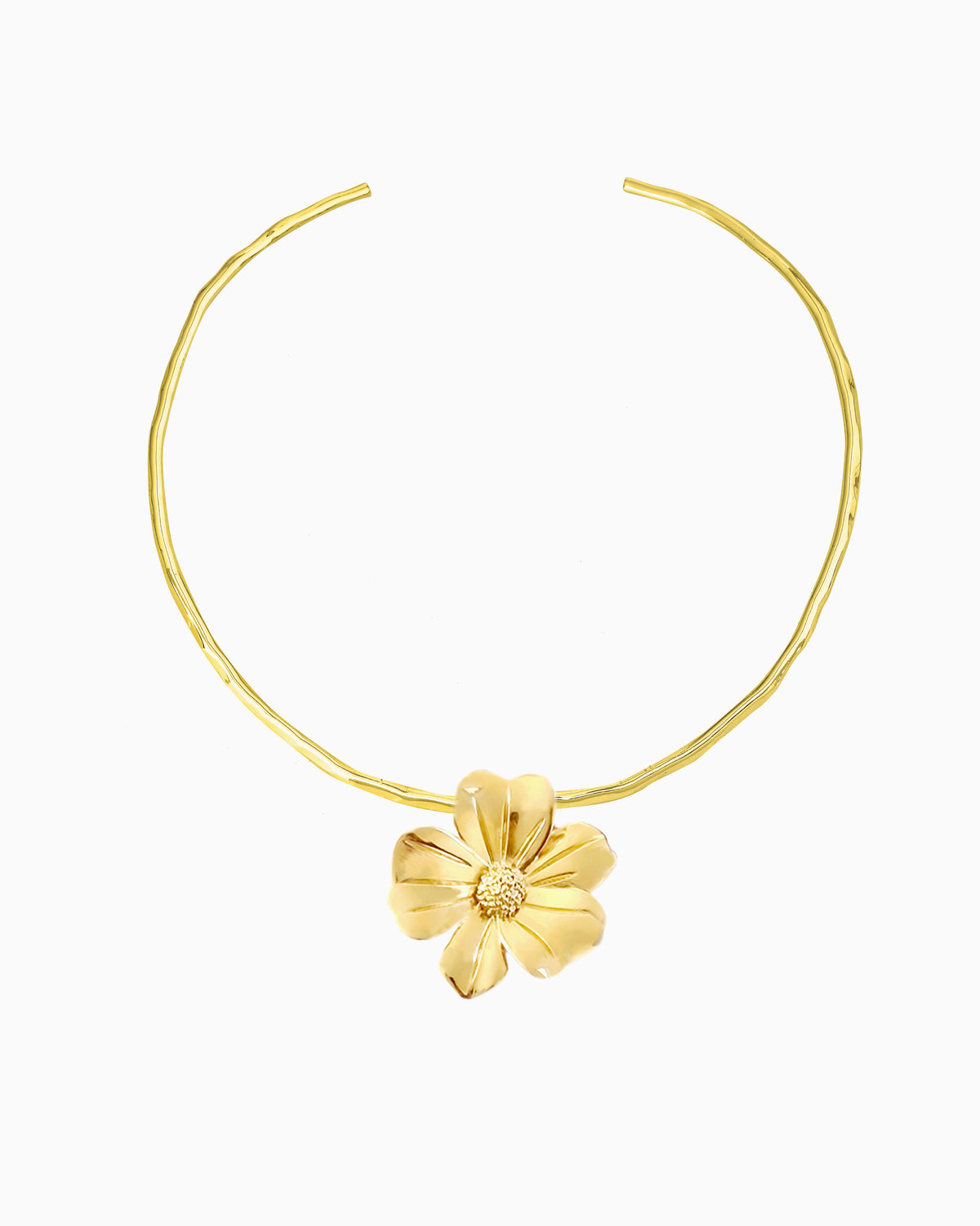 gold hand-hammered collar necklace with bold flower pendant