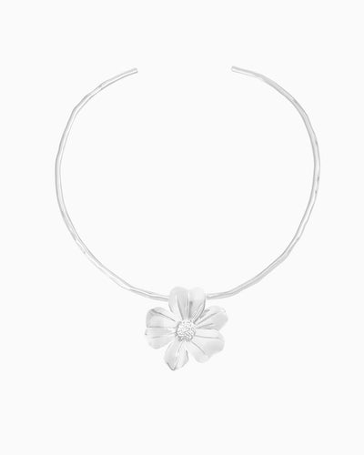 silver hand-hammered collar necklace with bold flower pendant