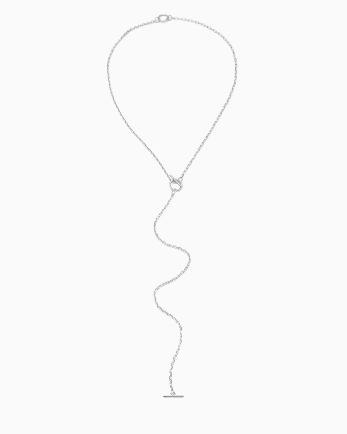 Dual toggle silver chain necklace styled as a lariat and layered two-row necklace