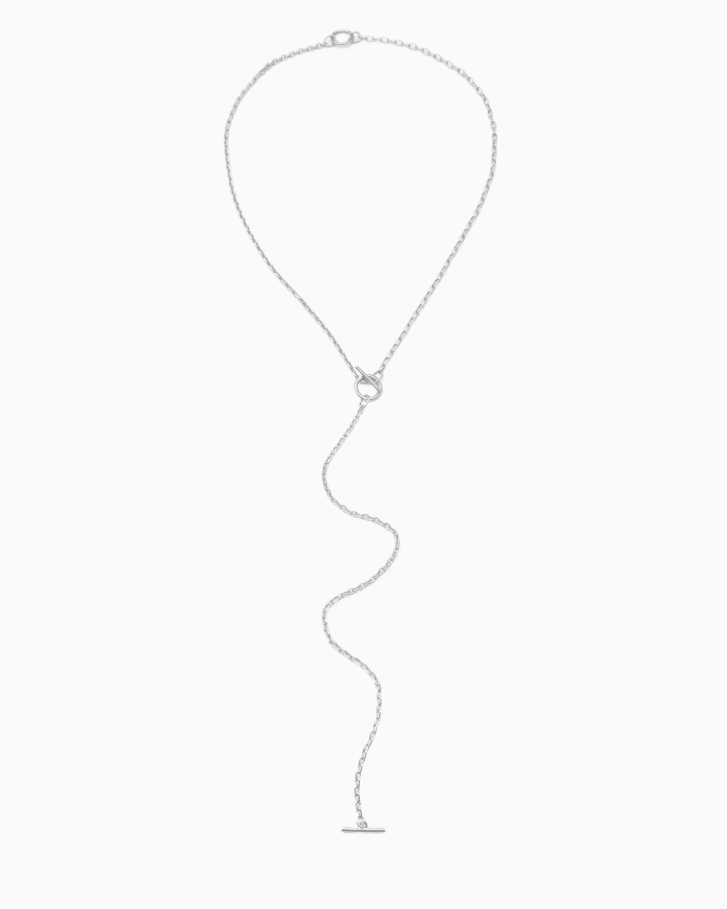 Dual toggle silver chain necklace styled as a lariat and layered two-row necklace