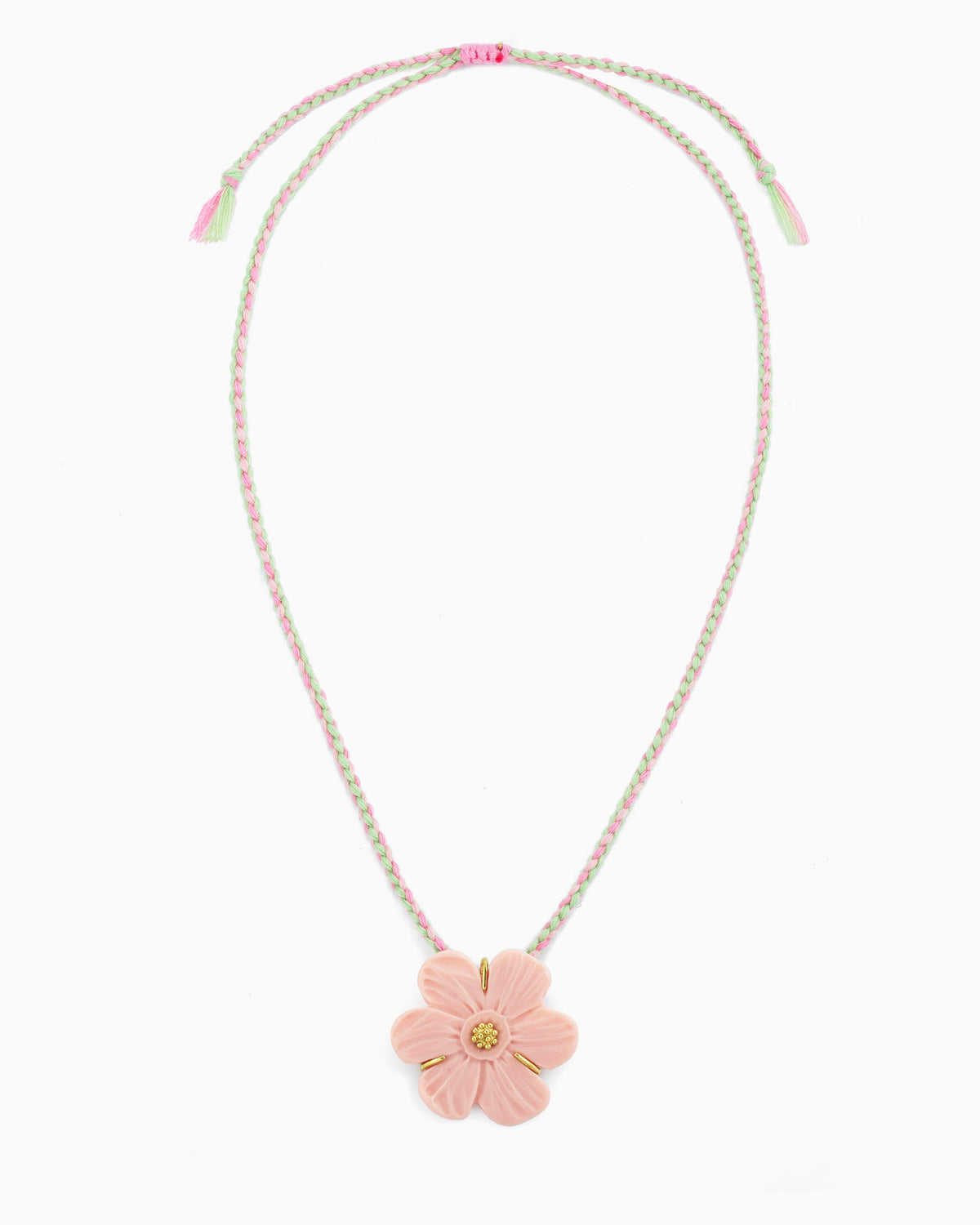 pink braided cord necklace with resin flower pendant