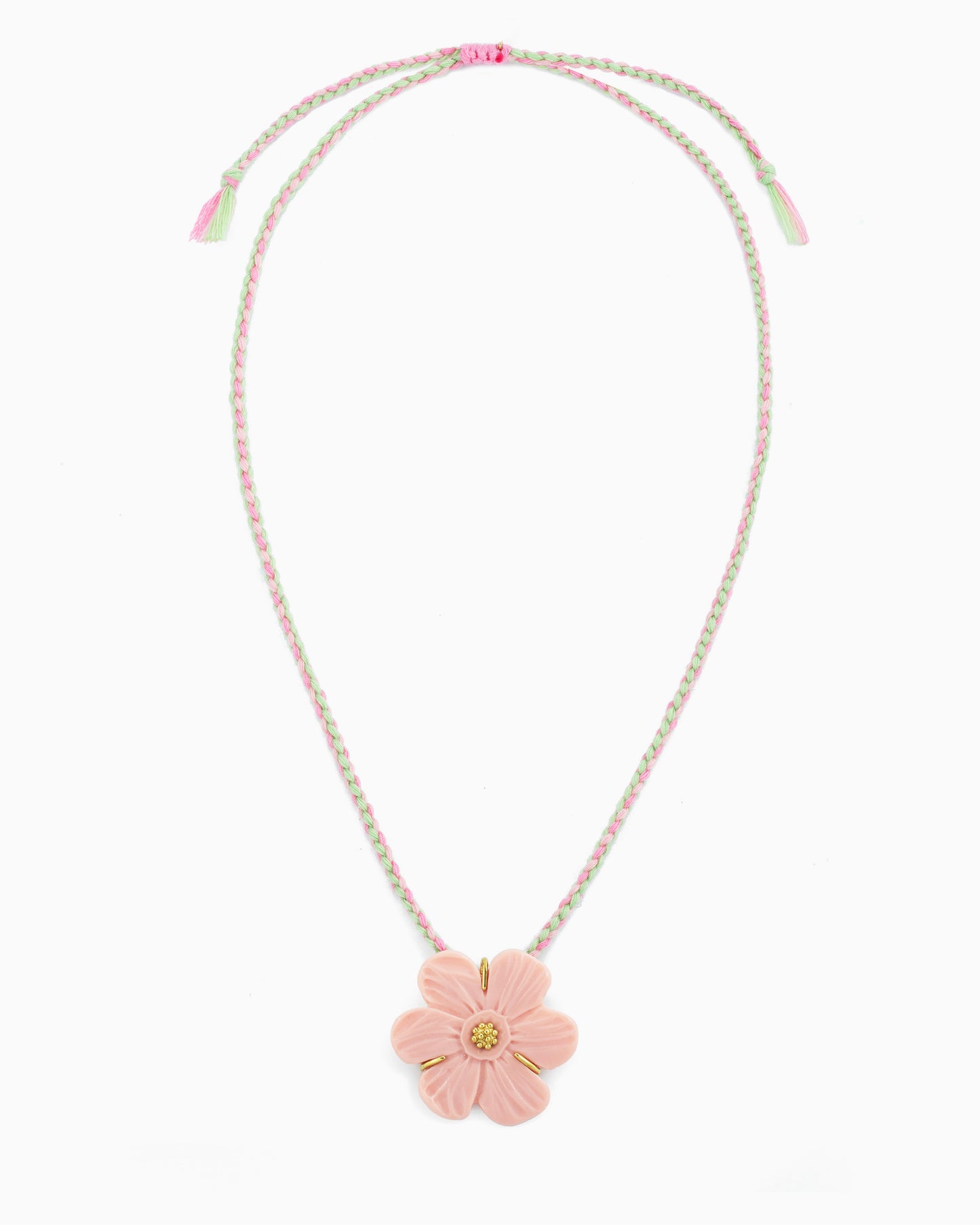 pink braided cord necklace with resin flower pendant