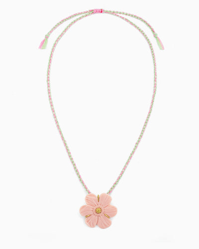 pink braided cord necklace with resin flower pendant