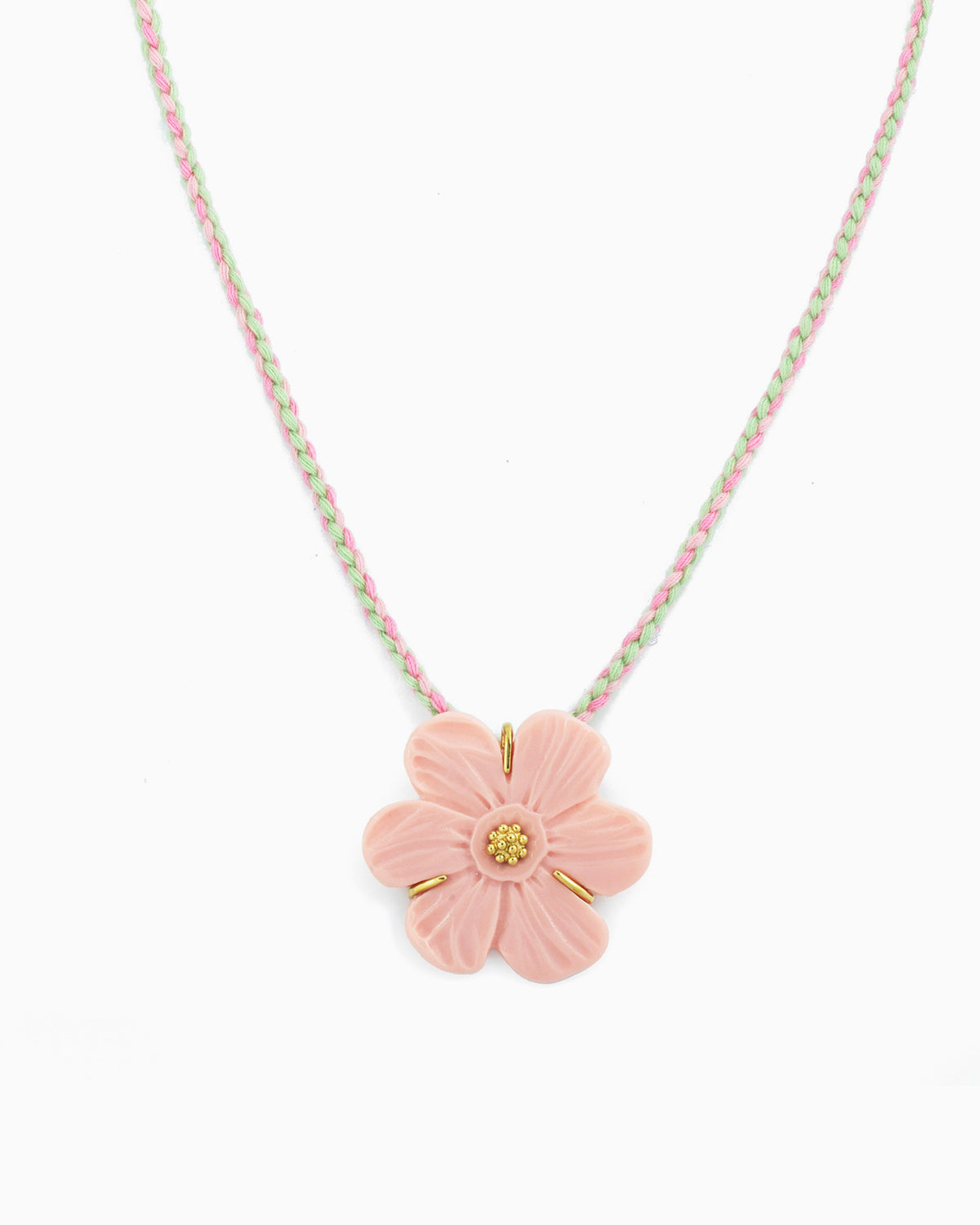 pink braided cord necklace with resin flower pendant