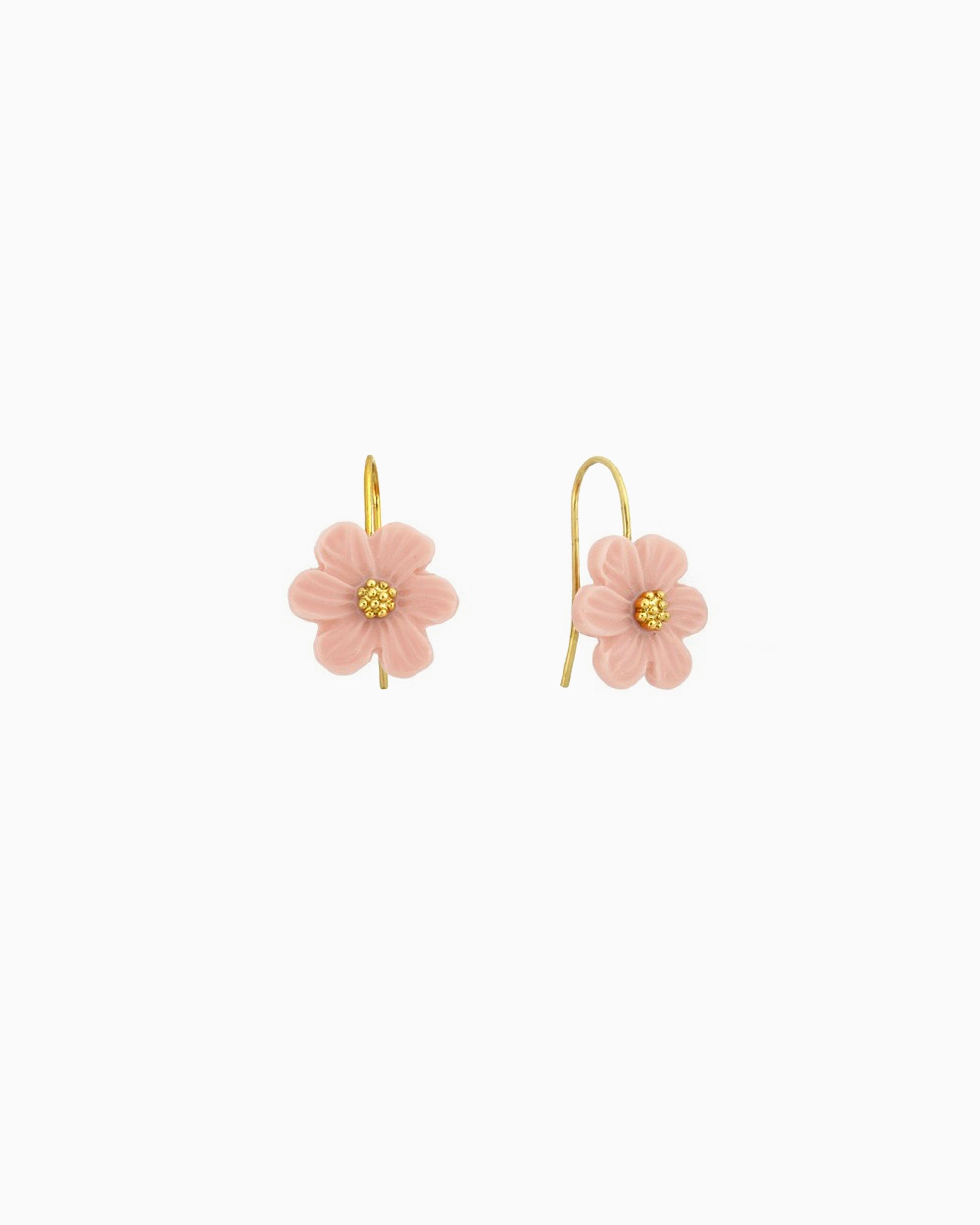 Pink resin flower drop earrings with gold-tone center