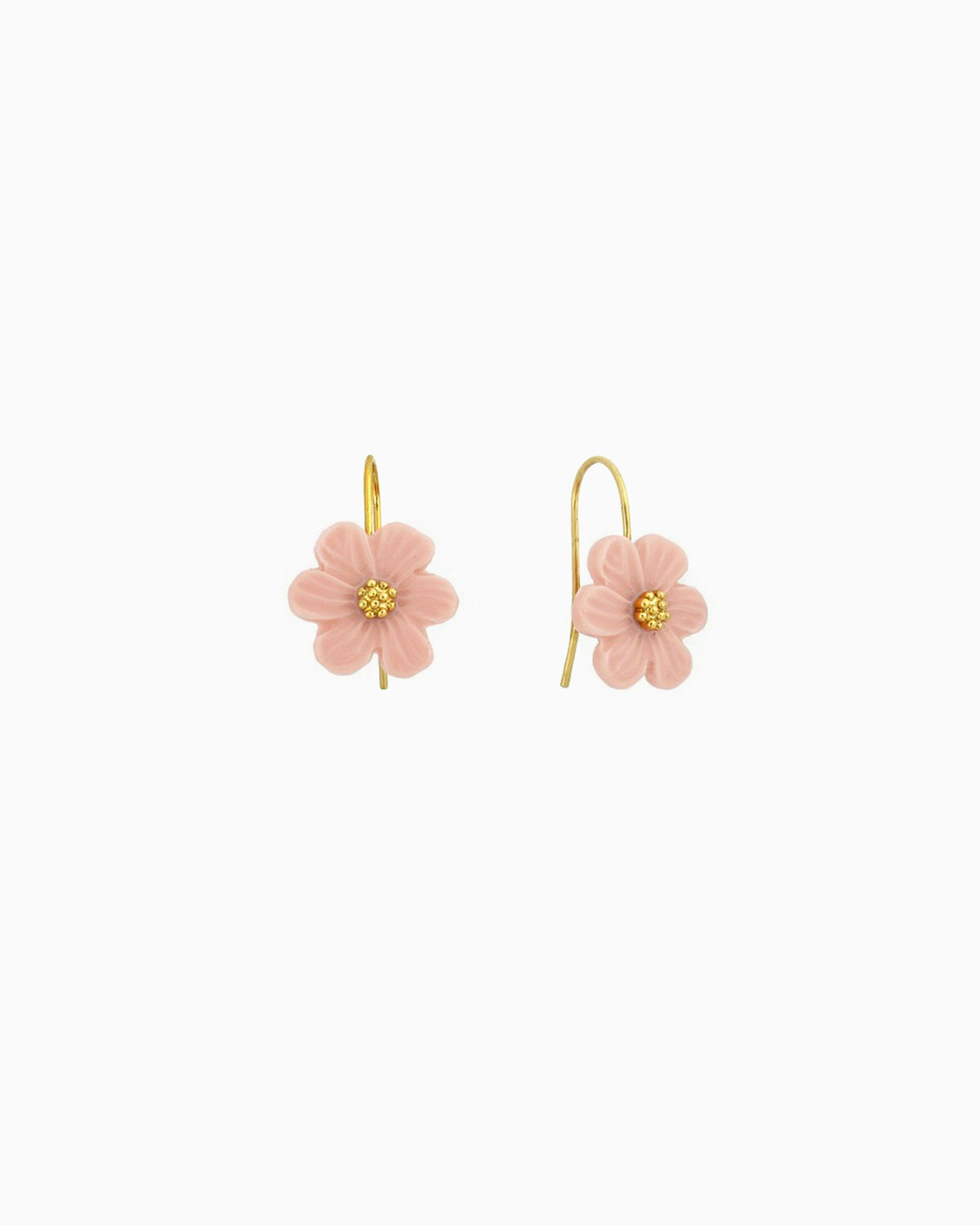 Pink resin flower drop earrings with gold-tone center