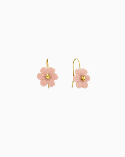 Pink resin flower drop earrings with gold-tone center