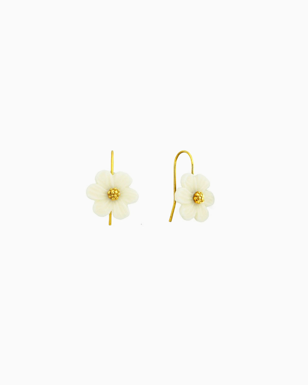 Cream resin flower drop earrings with gold-tone center