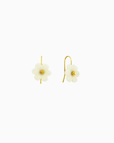Cream resin flower drop earrings with gold-tone center