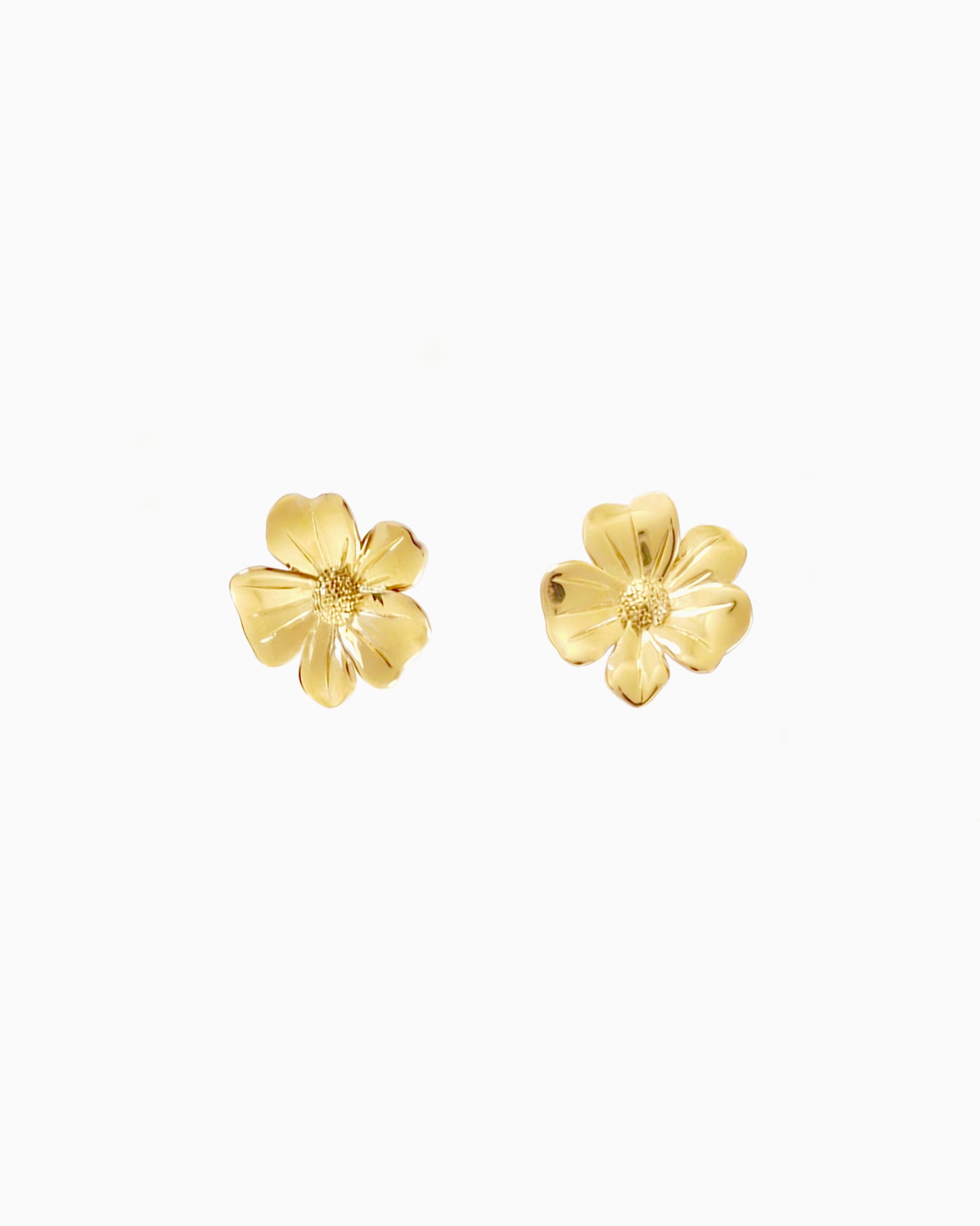 Gold flower stud earrings with sculpted petal design